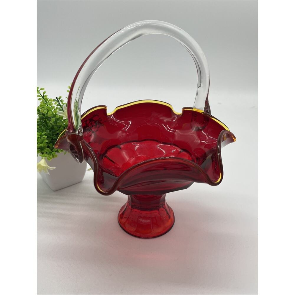 Viking Glass Ruby Amberina Georgian Handled Basket 9.5" Yellow Rim Art Glass USA - Picture 10 of 10